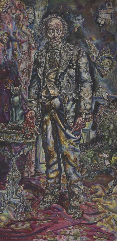 Full portrait of a standing decaying man amidst a decaying luxury interior backdrop