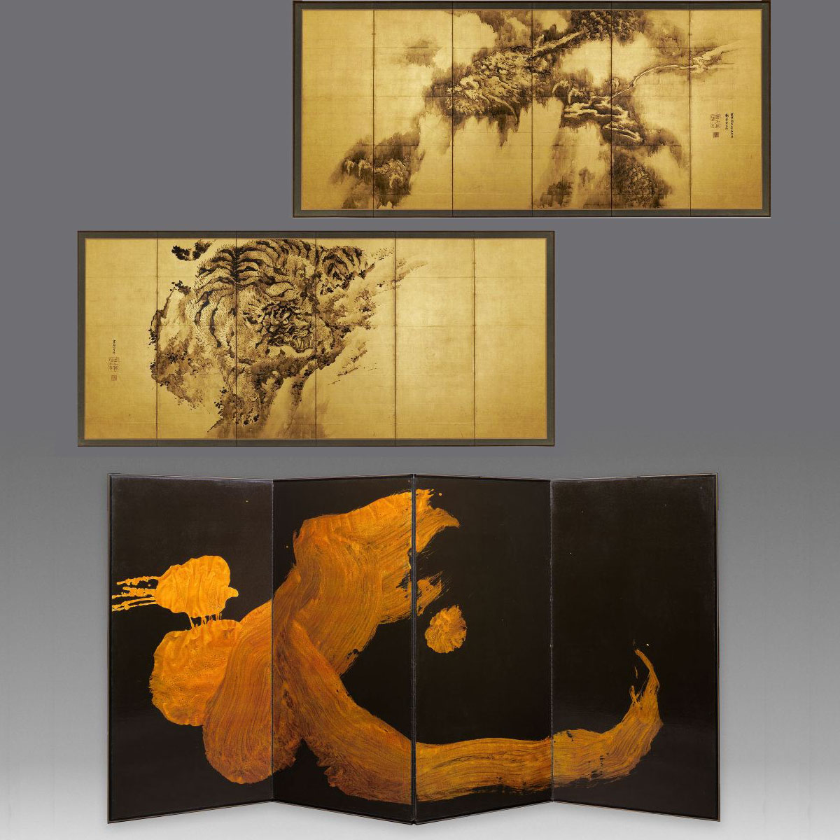 Pair of Japanese folding screens showing a dragon and tiger in black ink on gold plus a single screen with a stylized calligraphic dragon