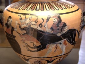 Hydria depicting Herakles, Cerberus, and Eurystheus (Louvre)