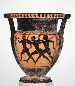 Mixing bowl (krater) with sprinters (likely diaulos), Etruscan, c 480 BC (MFA1998.49)