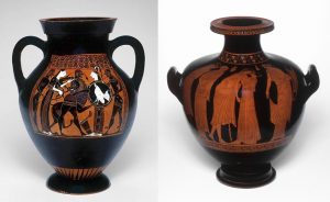 Side-by-side comparison of ancient Greek black figure and red figure painted vases, Art Institute of Chicago