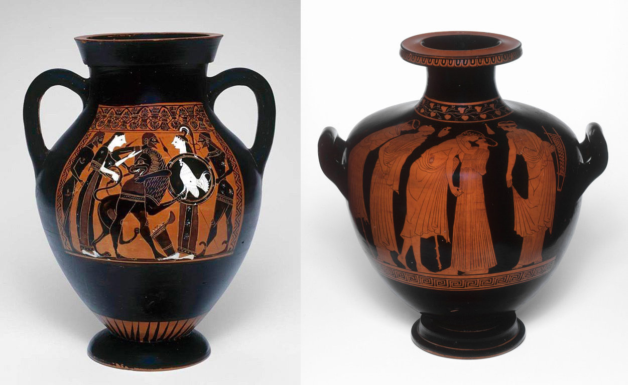 Side-by-side comparison of ancient Greek black figure and red figure painted vases, Art Institute of Chicago